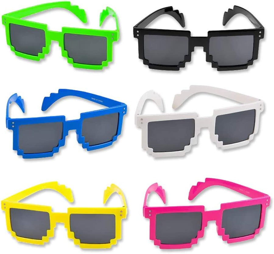 Assorted Pixel Sunglasses for Kids, Set of 6, Cool Sun Glasses in Assorted Colors, Fun Birthday and Pool Party Favors for Boys and Girls, Dress-Up Accessories, Goodie Bag Fillers