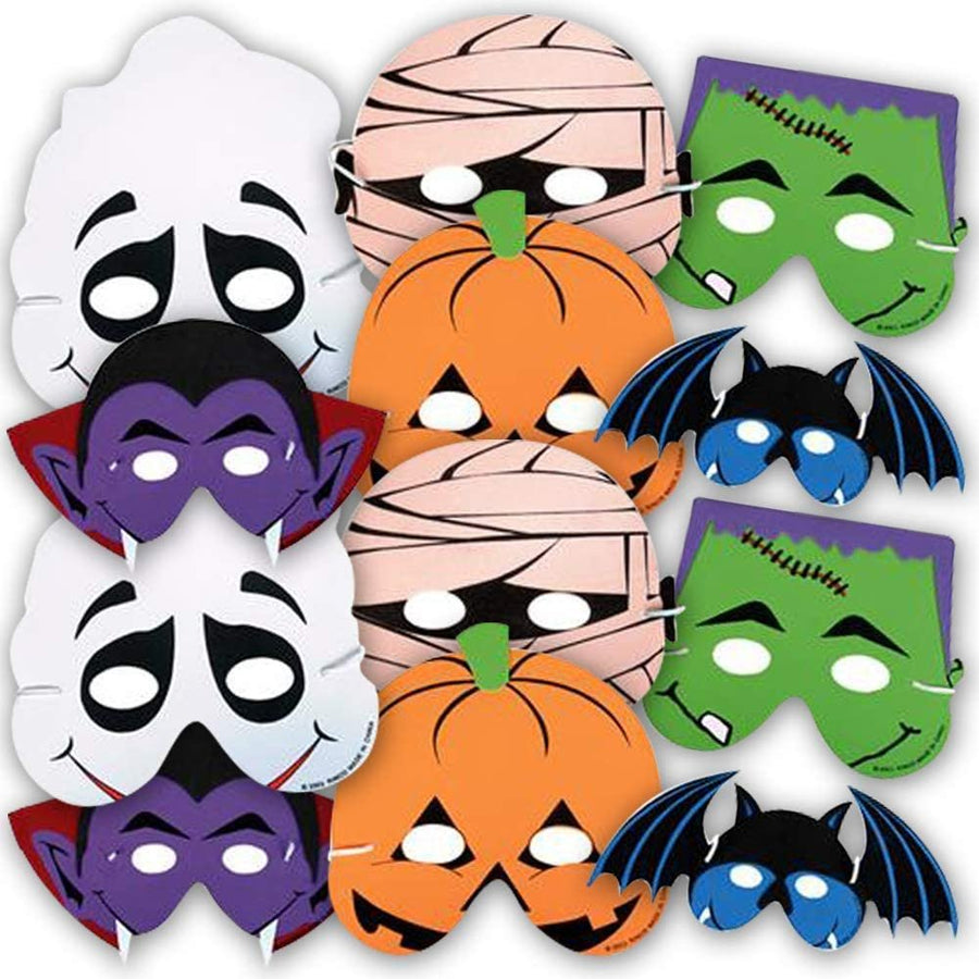 Halloween Foam Face Masks for Kids, Set of 12, Fun Halloween Costume Accessories, 6 Colorful Designs, Photo Booth Props and Halloween Party Favors, Non-Candy Trick or Treat Supplies