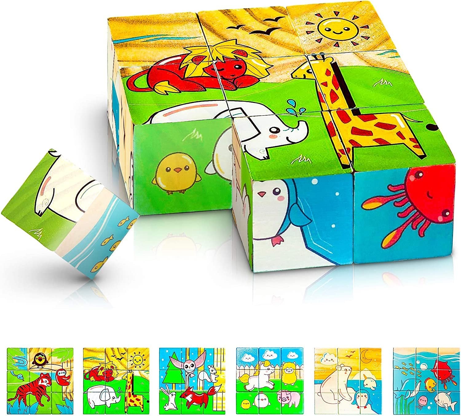 Gamie 6 in 1 Wooden Blocks Puzzle for Kids, Wood Animal Puzzle with 6 Nature Scenes, Fun Children’s Educational Learning Toy, Great Gift Idea for Boys and Girls