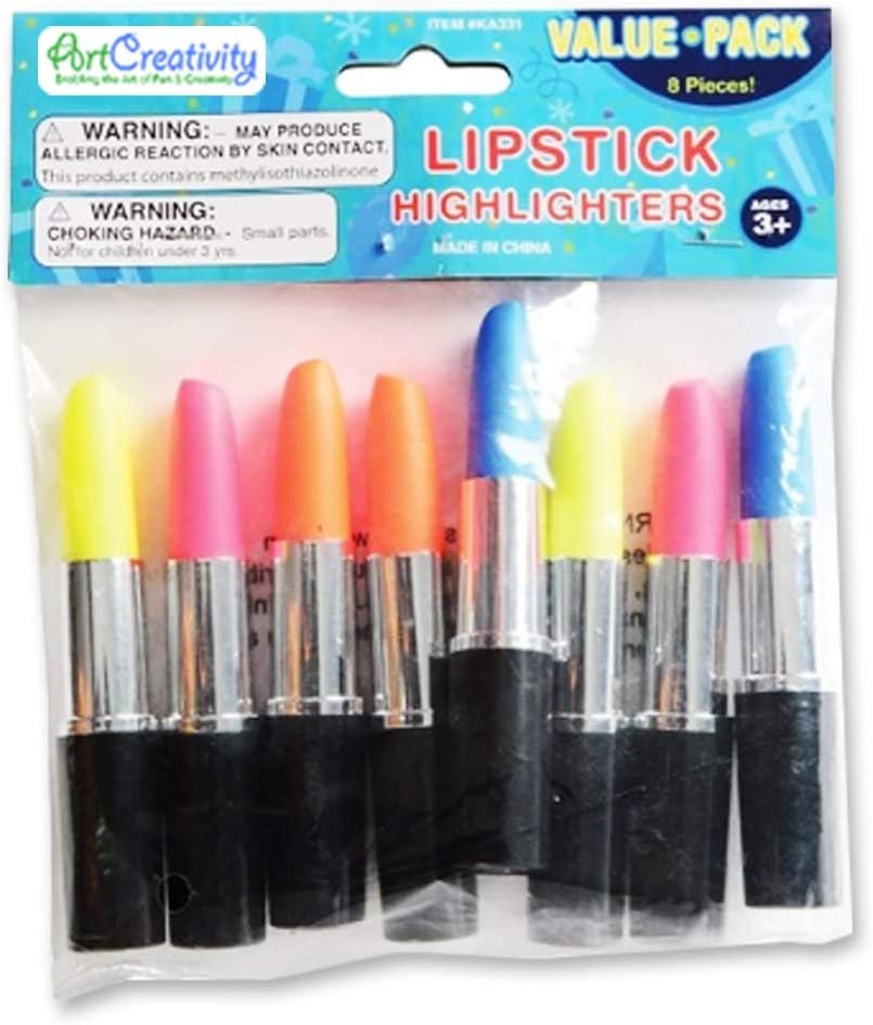ArtCreativity Lipstick Shaped Highlighters for Kids, Set of 8, Assorted Colors, Cute Back to School Supplies, Stationery Party favors for Boys and Girls, Fun Office Gifts, Teacher Rewards