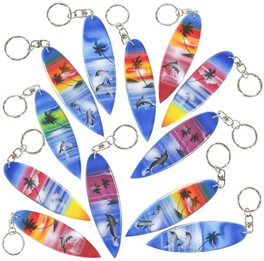 Wooden Surfboard Keychains, Set of 12, Fun Key Chains for Backpack, Purse, Luggage, Great Giveaways for Birthday, Luau, Beach, and Pool Parties, Cool Goodie Bag Fillers for Kids