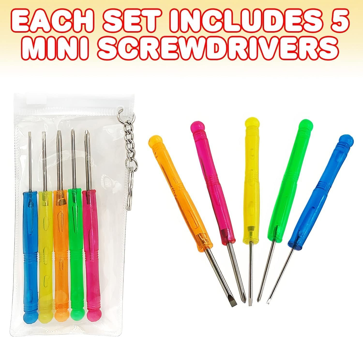 5 PC Mini Screwdriver Keychain Set, Pack of 12, Set Includes 5 Screw Drivers and Portable Pouch, Cool Birthday Party Favors for Boys, Girls, Adults, Goodie Bag Filler