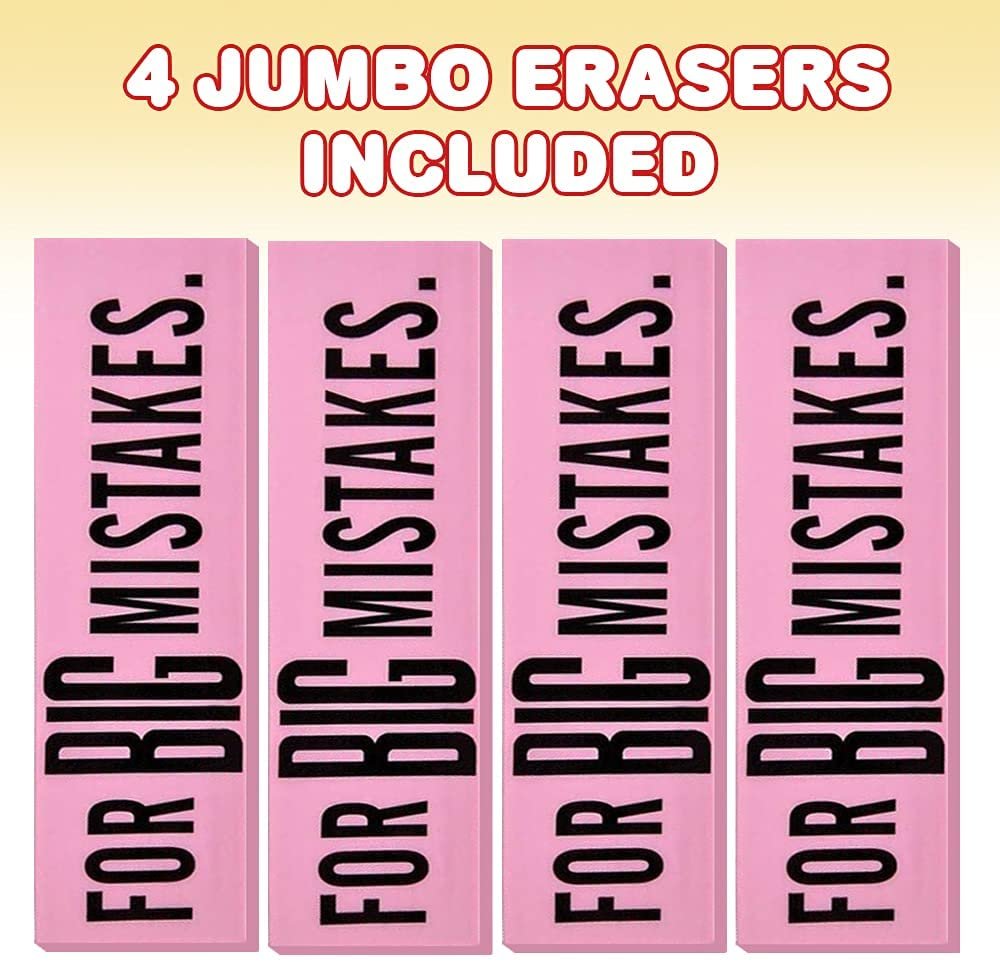 Pink Mistake Erasers for Kids, Pack of 4, Really Big Erasers, 5.5" Giant Pencil Rubber, Cool Back to School Stationery Supplies for Boys and Girls, Joke Gag Gifts for Adults