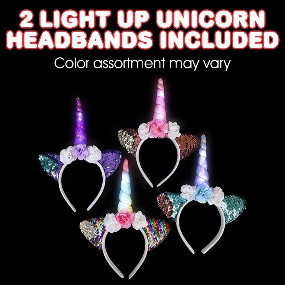 Light Up Unicorn Flower Headbands for Girls, Set of 2, Birthday Girl Headband with Flashing Horn, Unicorn Party Supplies and Decorations, Unicorn Party Favors, Cute Costume Accessories