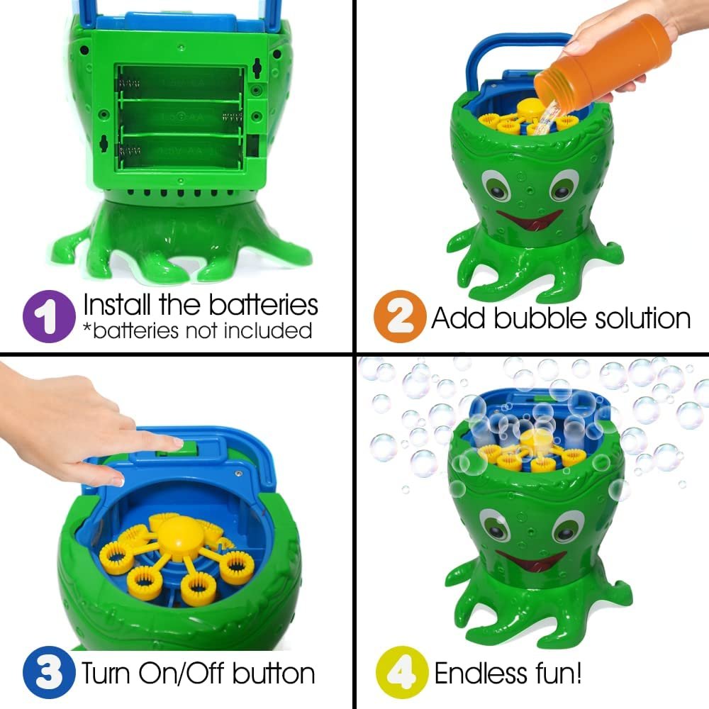 Octopus Bubble Machine for Kids, Includes 1 Bubbles Blowing Toy with Carry Handle and 1 Bottle of Solution, Fun Summer Outdoor or Party Activity, Great Bubble Gift for Boys and Girls