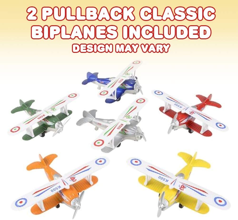 Diecast Classic Biplanes with Pullback Mechanism, Set of 2, Diecast Metal Biplane Toys for Boys, Air Force Cake Decorations, Party Favor, 6 Colors, Assortment May Vary.