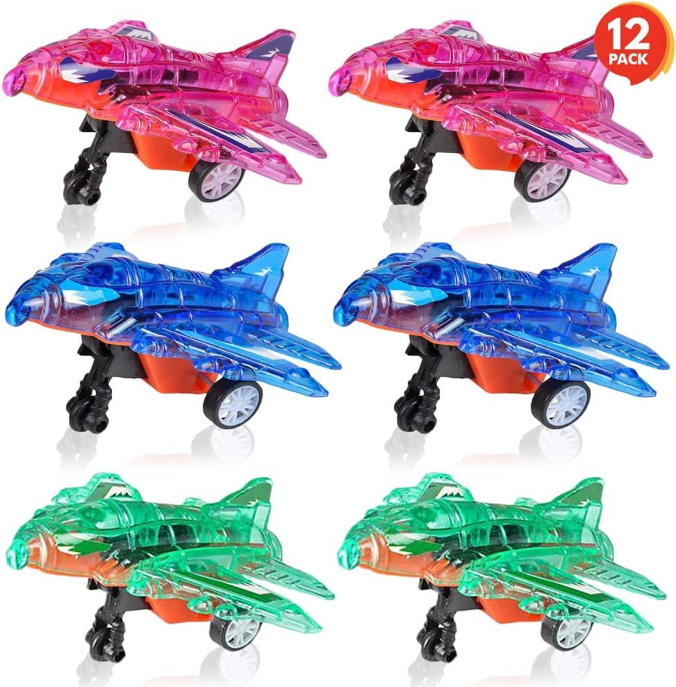 ArtCreativity Press and Go Transparent Airplane Toys, Set of 12, Fighter Jet Toys in Assorted Colors, Aviation Party Favors for Kids, Goodie Bag Fillers and Teacher Rewards