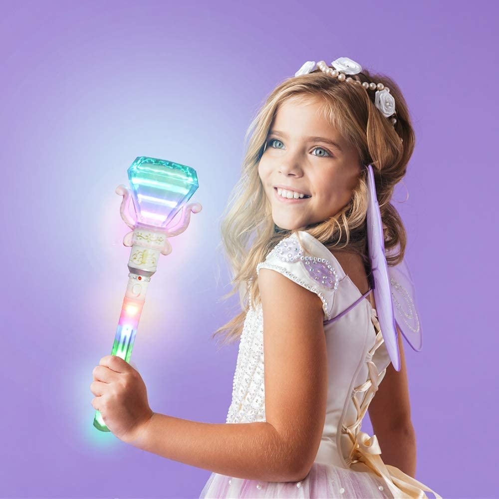 ArtCreativity Multi-Color Spinning Diamond Wand with LED Handle, 13.5 Inch Light Up Princess Wand for Kids, Fun Pretend Play Prop, Kid Party Favor, Birthday Gift Toy for Boys & Girls - Colors May Vary