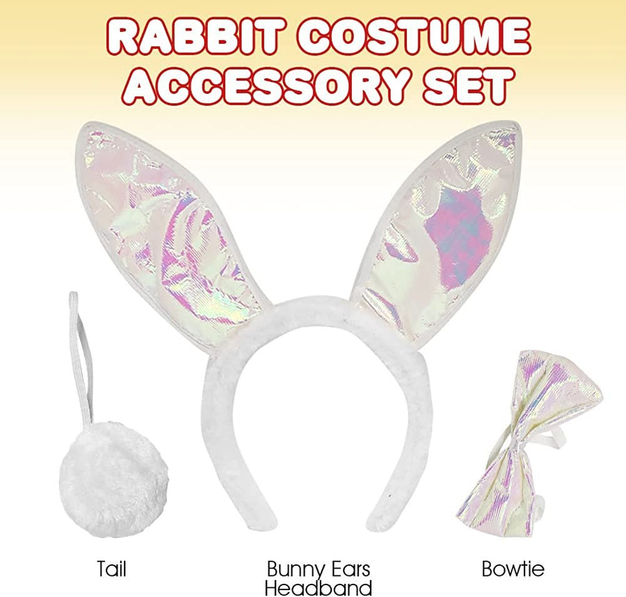 Easter Bunny-Costume-Accessories, 3 Piece Set, Bunny Outfit with Plush Ears, Tail, and Bowtie, Bunny Ears Headband Set for Kids and-Adults-for Easter, Halloween, and Dress Up Fun