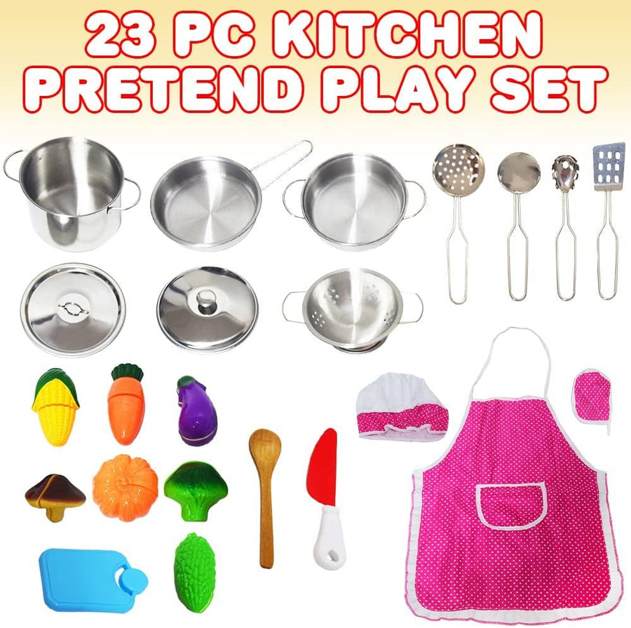Pretend Play Kitchen Set for Kids, 23-Piece Kids’ Kitchen Playset with Pots, Pans, Chef Hat, Apron, Utensils, Knife Toy, Pretend Play Food, & More, Kids’ Kitchen Playset for Hours of Fun