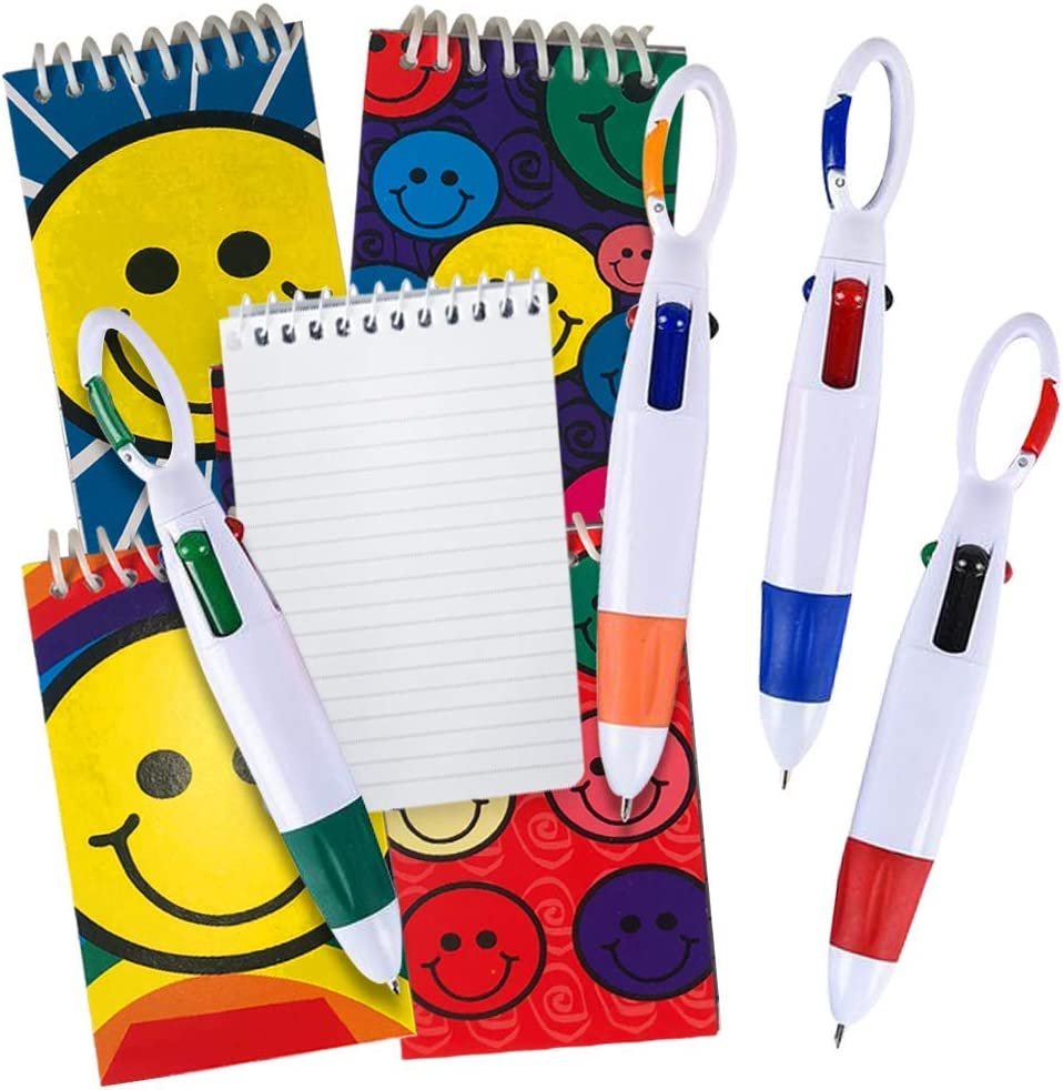 Mini Shuttle Pens & Notebooks Set, Includes 12 Retractable Pens with Carabiner Hook & 12 Smile Face Notepads, 4-in-1 Multicolor Pens, Stationery Supplies, Birthday Party Favors for Kids
