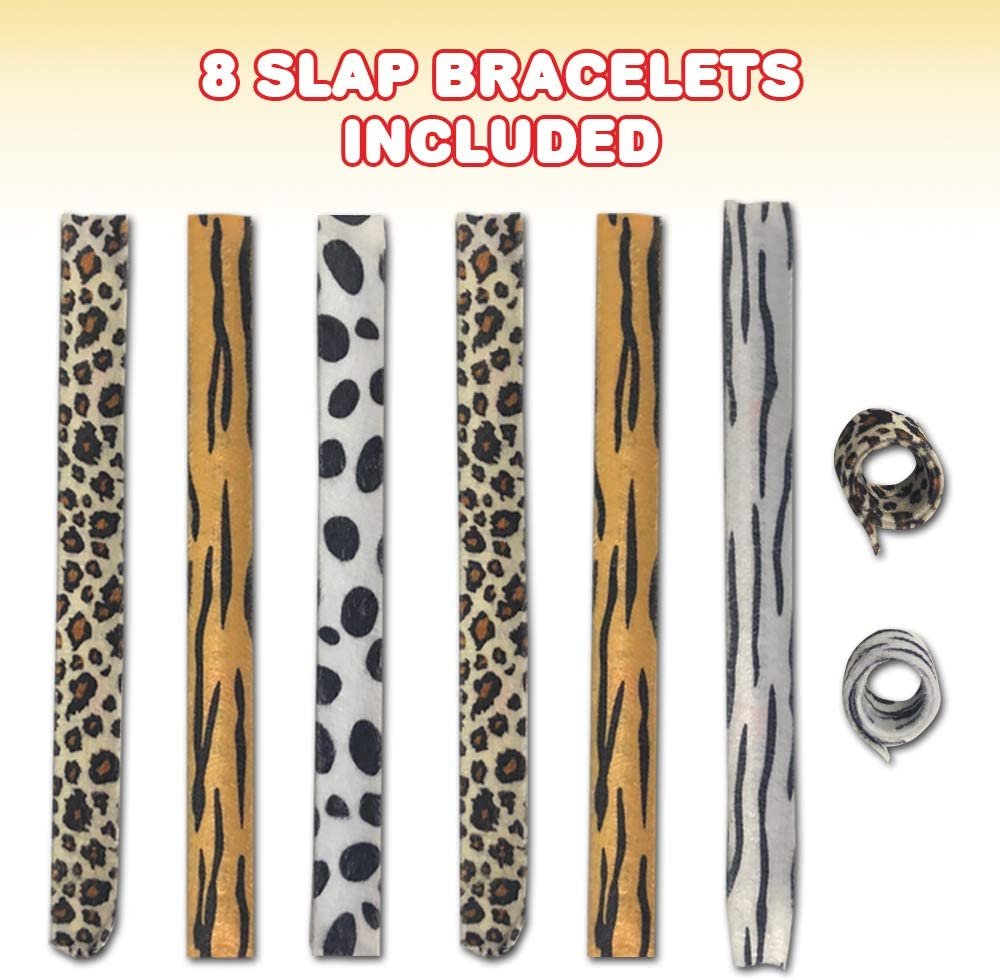 Animal Print Slap Bracelets for Kids, Set of 8, Assorted Slap Bands with Zebra, Cheetah, Tiger, and Cow Prints, Zoo, Safari, and Animal Birthday Party Favors and Goodie Bag Fillers