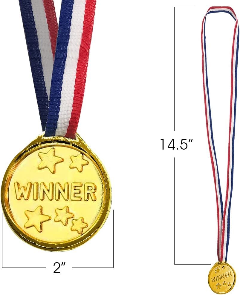 Gold Prize Medal for Kids, Set of 12 Medals on Ribbon Necklaces, Olympic Style Metal Winner Awards for Sports, Talent Show, and Spelling Bee, Gymnastic Birthday Party Favors