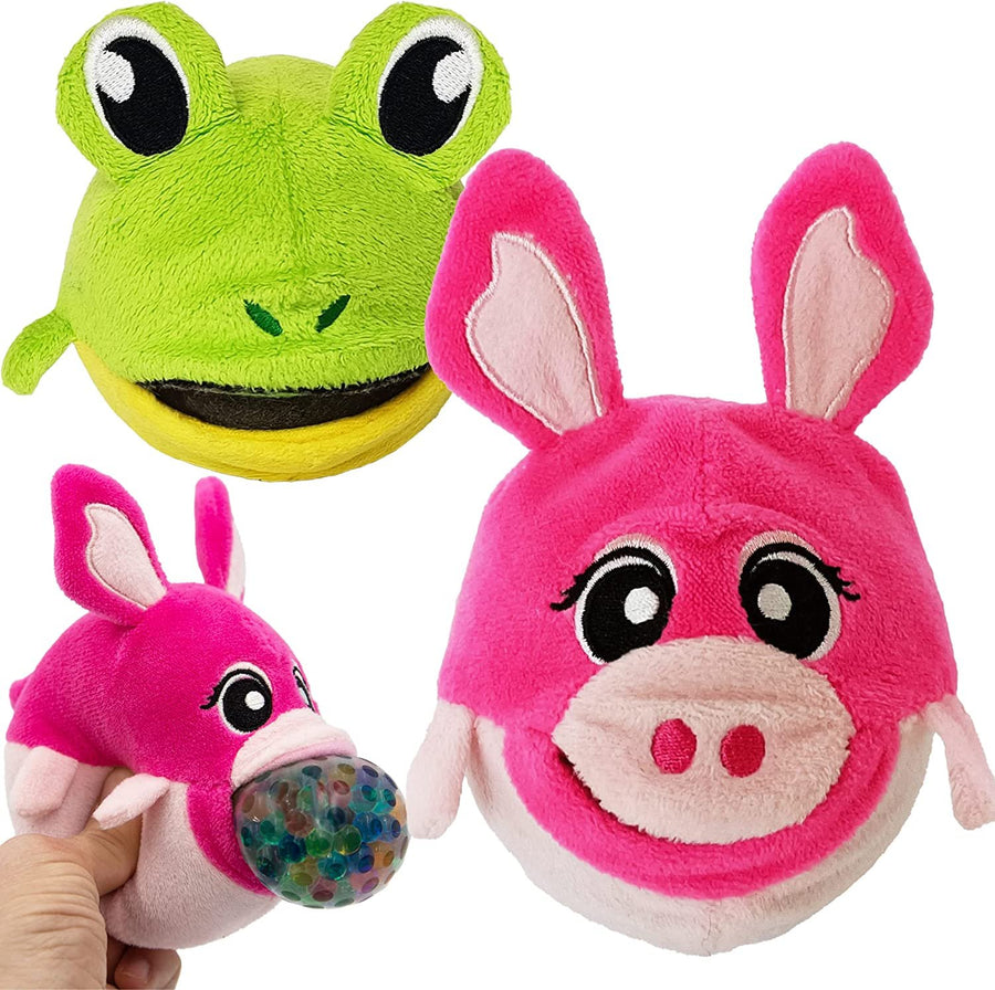Plush Animal Toy with Squeezy Water Beads, Set of 2, Cute Stress Relief Sensory Toys for Boys and Girls, Zoo Safari Birthday Party Favors and Goodie Bag Fillers for Kids