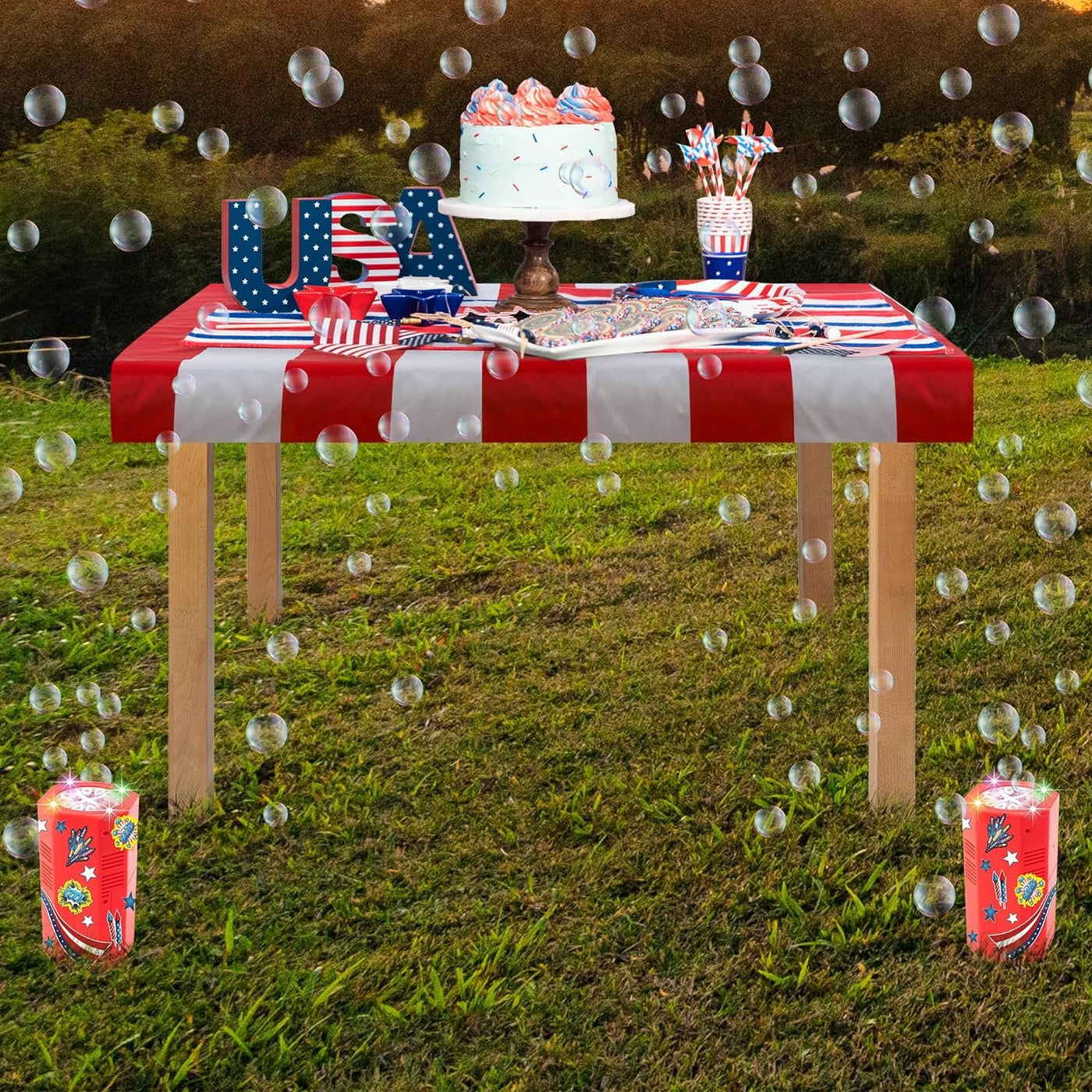 Fireworks Bubble Machine - Electric Bubble Blower with Sound & LEDs - 4th of July Party Supplies