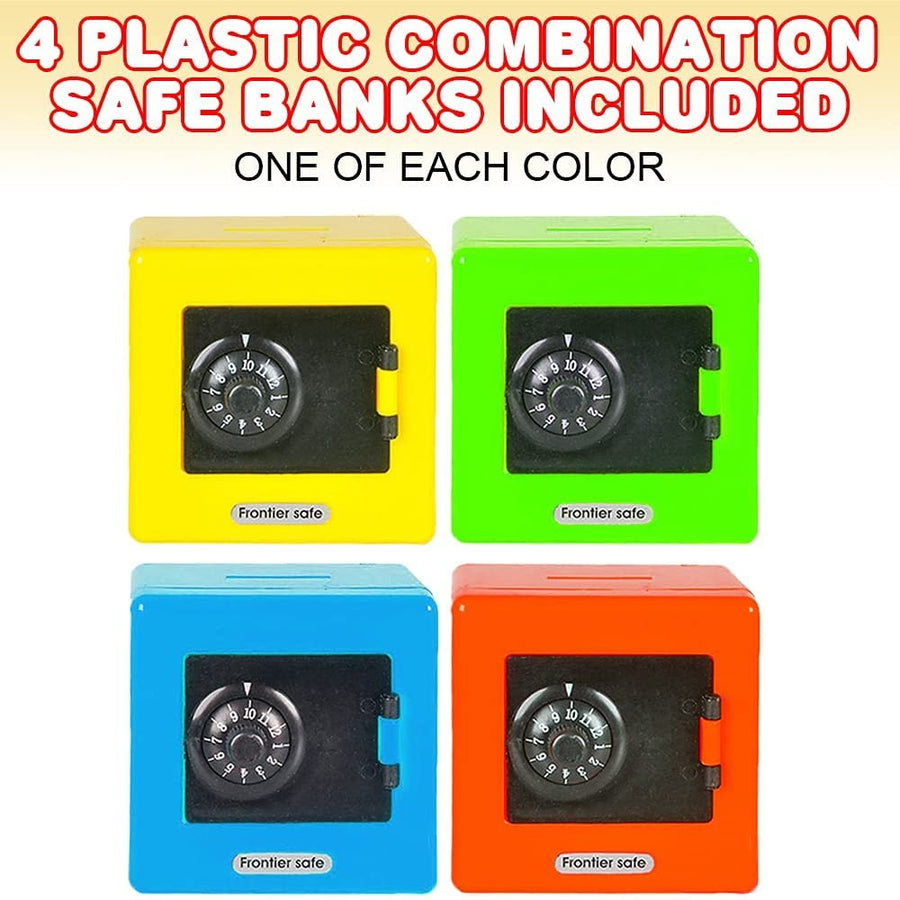 Plastic Combination Safe Banks, Set of 4, Money Safe for Kids in Assorted Colors, Unique Piggy Bank for Boys and Girls, Money Saving Box with a Cool Safe Design, Great Gift Idea