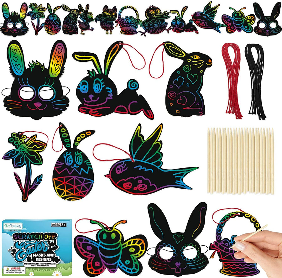 48 Pack Easter Scratch Art Set for Kids, Set of 48 Scratch Art Ornaments, Wooden Stick, & Ribbon, Easter Kids Crafts, Rainbow Scratch Ornaments for Home Tree Decor & Easter Party Favors