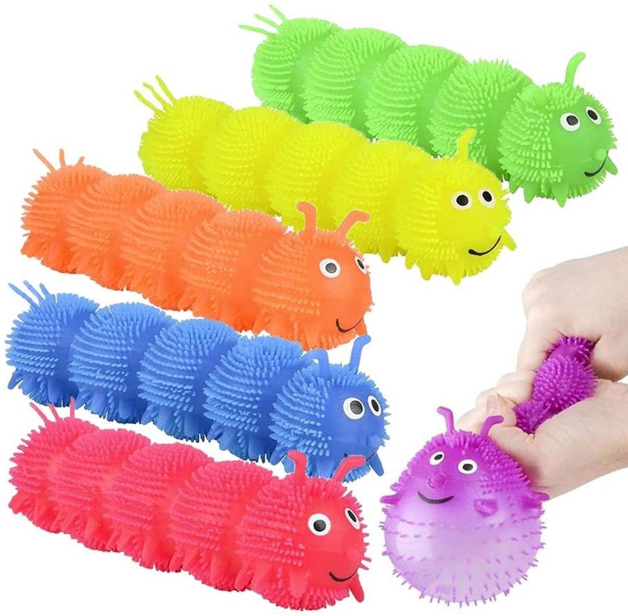 Puffer Caterpillars, Set of 6, Squeeze Toys for Children in 6 Bright Colors, Kids’ Stress Relief Toys for Satisfying Sensory Feedback, Animal Party Decorations and Goodie Bag Fillers