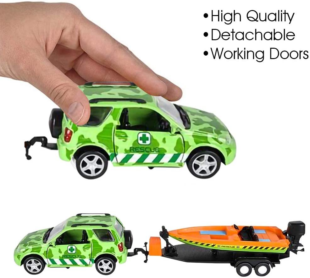 ArtCreativity SUV Toy Car with Trailer and Speedboat Playset for Kids, Interactive Jungle Play Set with Detachable Speed Boat and Opening Doors on 4 x 4 Toy Truck, Best Birthday Gift for Boys & Girls