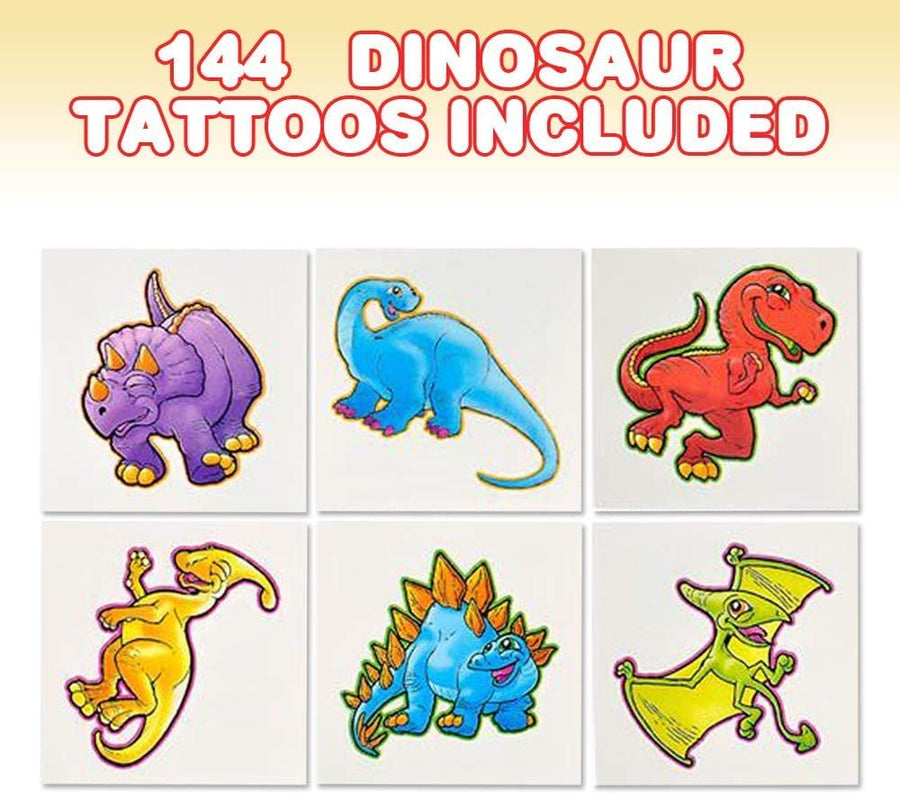 Dinosaur Tattoos for Kids, Bulk Pack of 144, Non-Toxic 2" Temporary Dino Tats, Dinosaur Birthday Party Favors and Supplies, Goodie Bag and Piñata Fillers, Assorted Designs