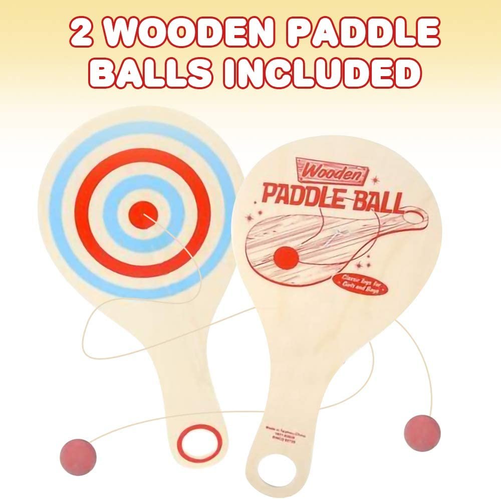 Wooden Paddle Balls, Pack of 2, 11" Wood Paddleball with String, Great Party Favors, Goodie Bag Fillers, Fun Activity Toys for Kids