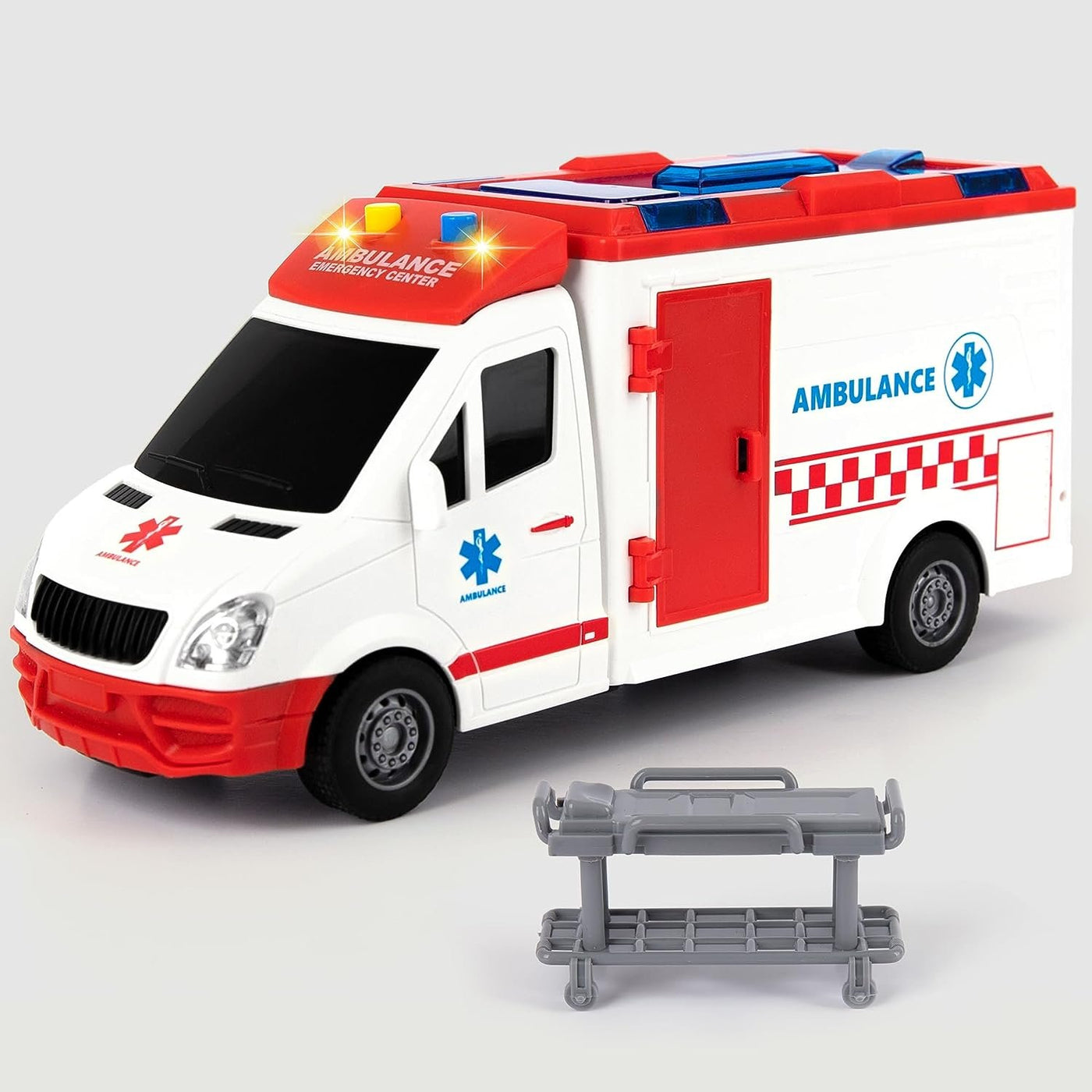 Ambulance Toy Truck for Kids 3,4,5,6,7,8, Lights & Siren, Friction-Powered 1/16 Scale Rescue Toy Ambulance, Emergency Vehicle Toys with Removable Stretcher, Doors Open for Immersive Imagination