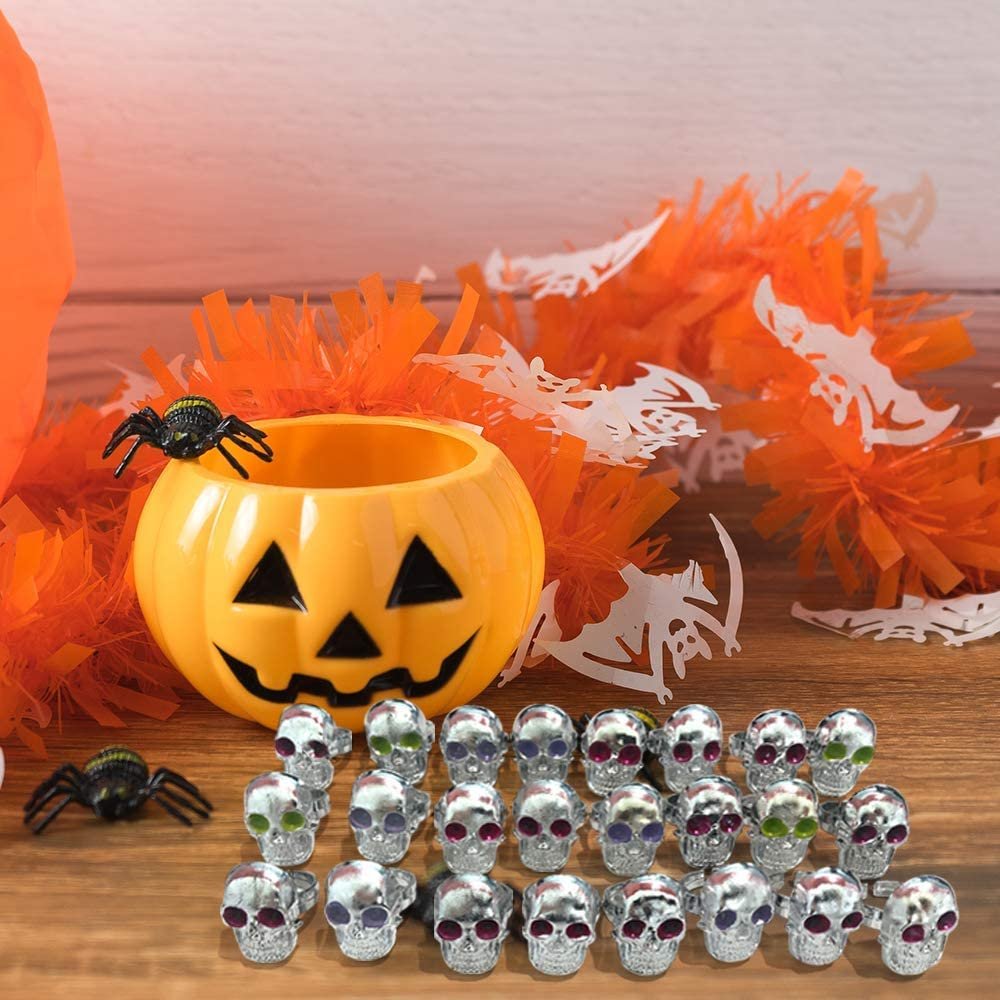 Silver Plastic Skull Rings for Kids, Set of 144, Halloween Party Favors, Non-Candy Trick or Treat Supplies, Pirate-Theme Goodie Bag Fillers, Spooky Classroom Rewards for Boys and Girls