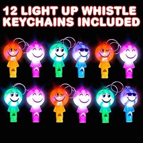Light Up Keychains for Kids with Whistles, Set of 12, LED Smile Face Key Chains and Bag Accessories, Fun Birthday Party Favors for Children, Goodie Bag Fillers for Boys and Girls