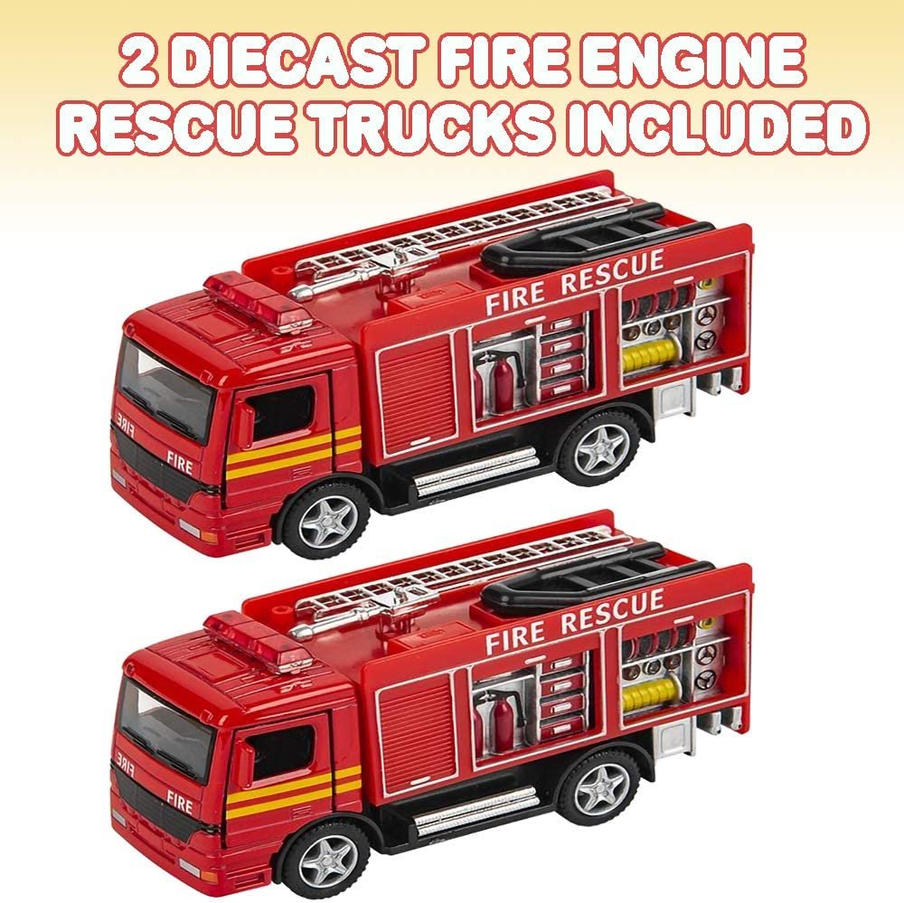5" Diecast Fire Engine Rescue Trucks, Set of 2, Toy Firetrucks with Pullback Mechanism