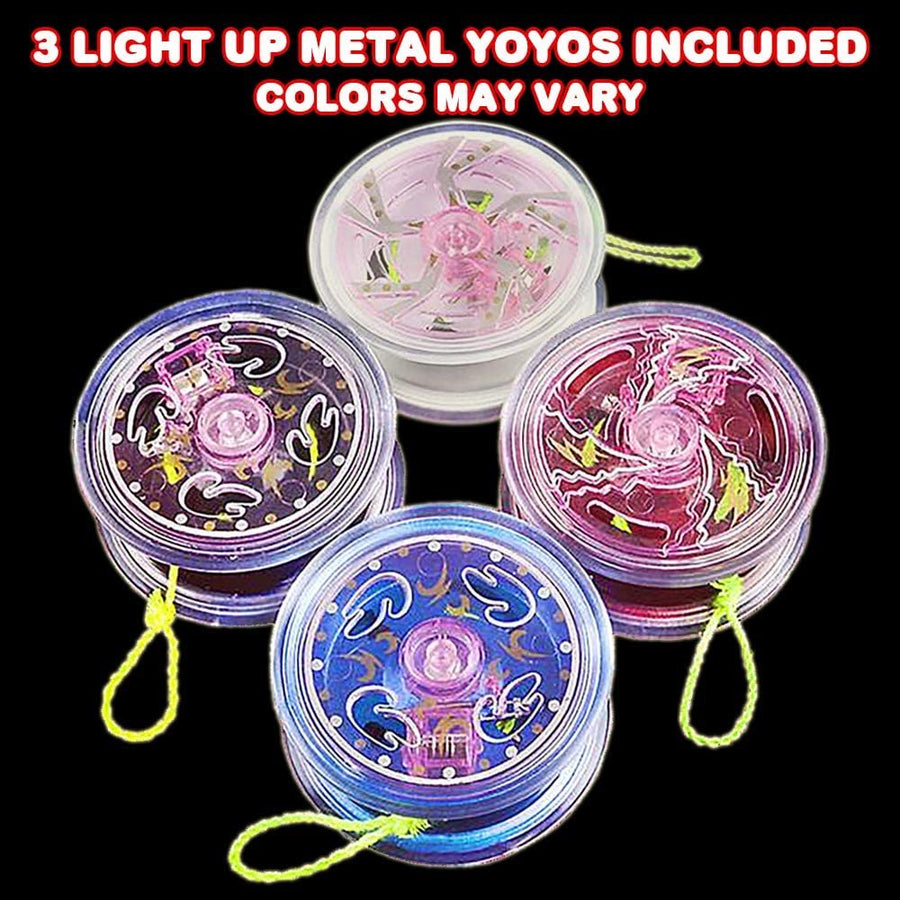 Light Up Metal Yoyos for Kids, Set of 3, Classic Yo-Yo Toys with Flashing LEDs, Light-Up Birthday Party Favors, Goodie Bag Fillers, Holiday Stocking Stuffers, Classroom Prizes