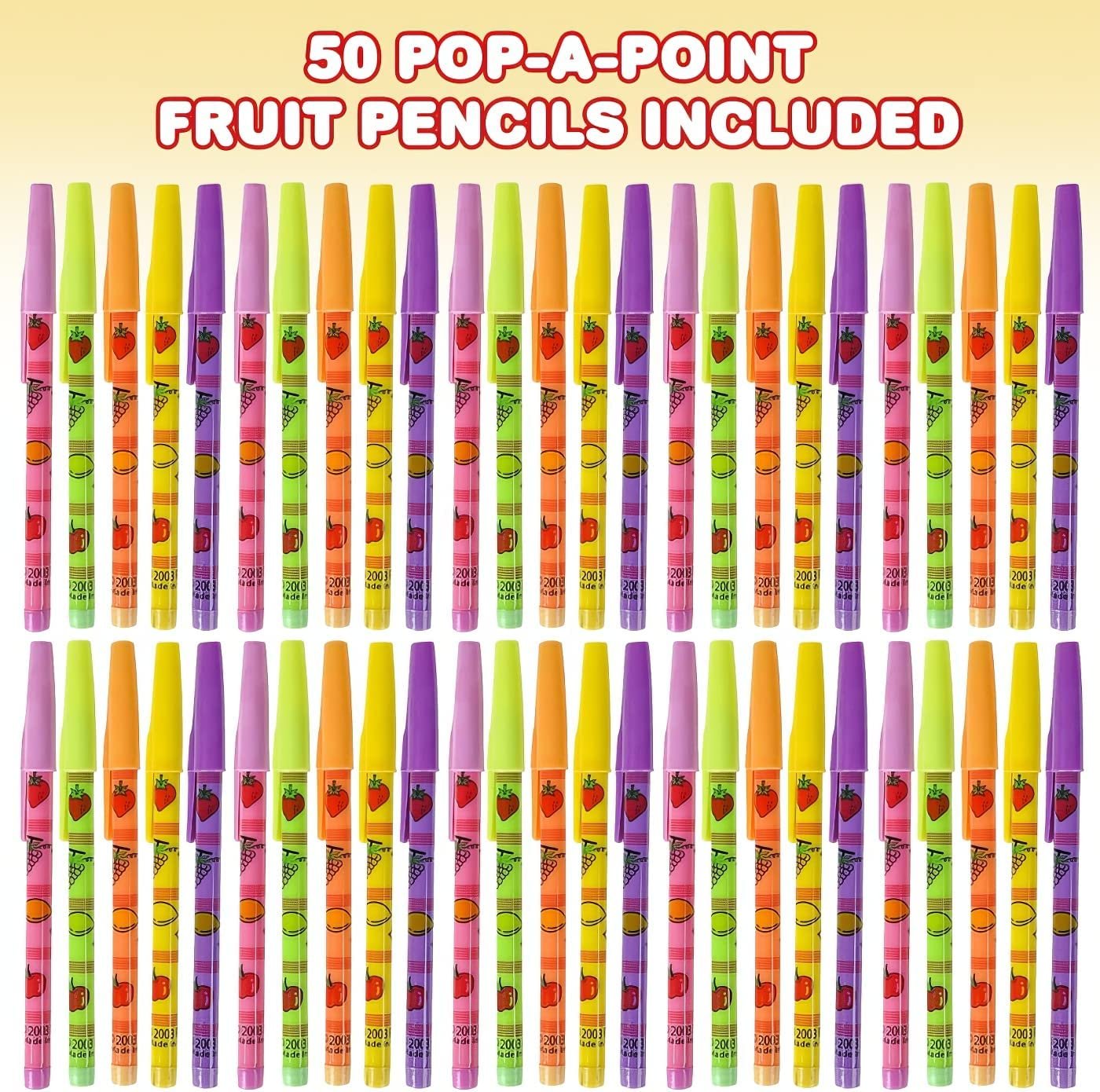 ArtCreativity Pop a Point Fruit Pencils, Bulk Set of 50, Non-Sharpening Pencils with Fruity Prints, School Stationery Supplies, Teacher Rewards, Cute Party Favors for Kids and Adults, Assorted Colors