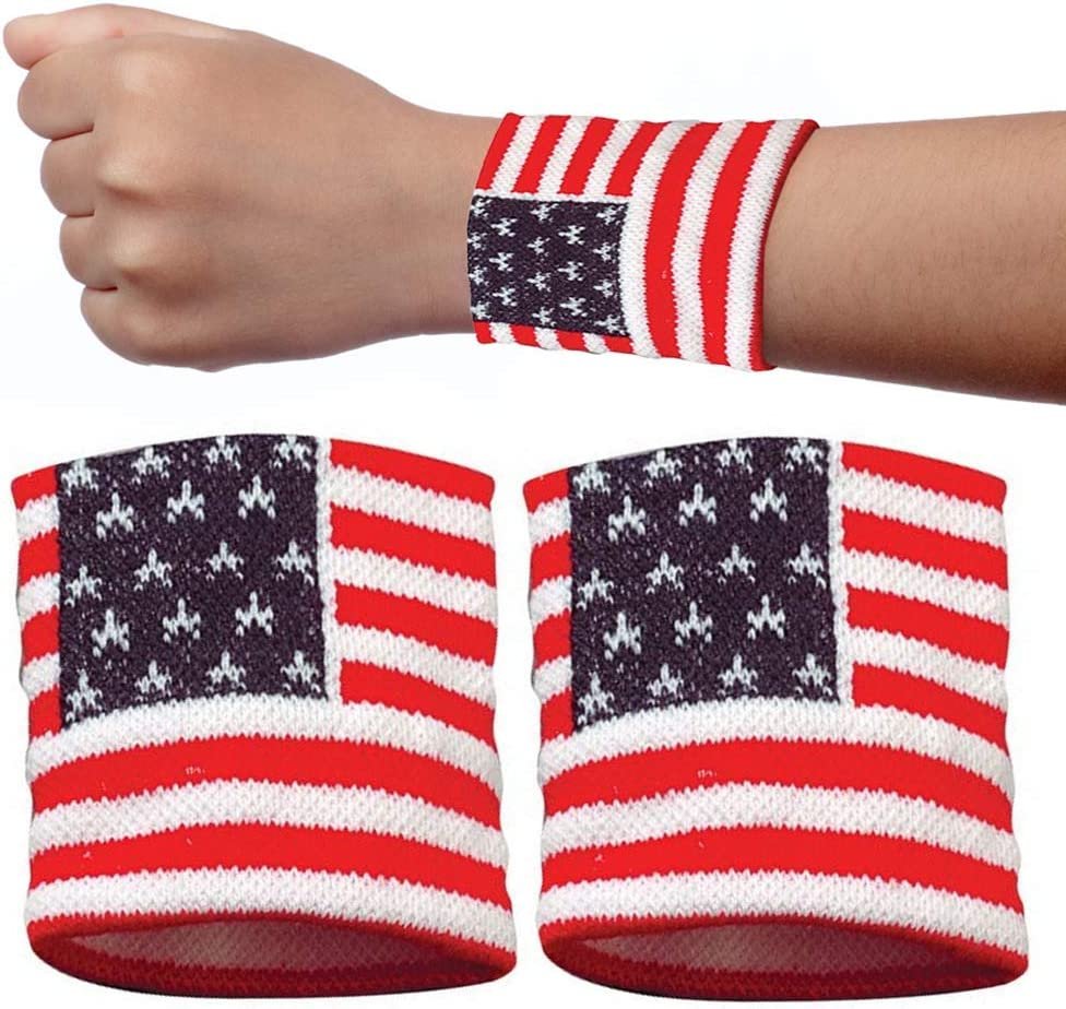 ArtCreativity American Flag Wrist Sweatbands, Set of 2, USA Flag 4th of July Party Favors, Red, White and Blue Wristbands, Patriotic Costume Accessories for Veterans, Memorial, and Independence Day
