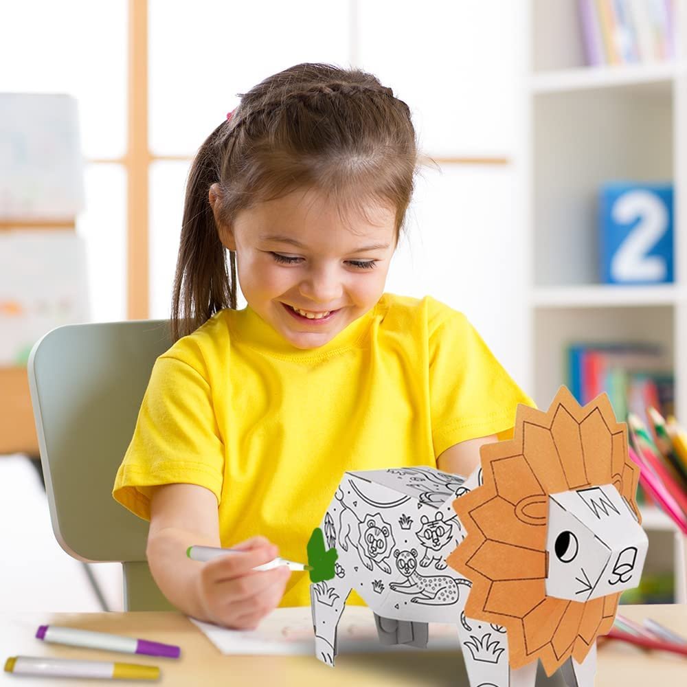 ArtCreativity Construct Your Own Lion Art Project, DIY Art Kit for Kids with 6 Markers, Doodle Construct Lion for Boys and Girls, Engaging Arts and Crafts for Kids