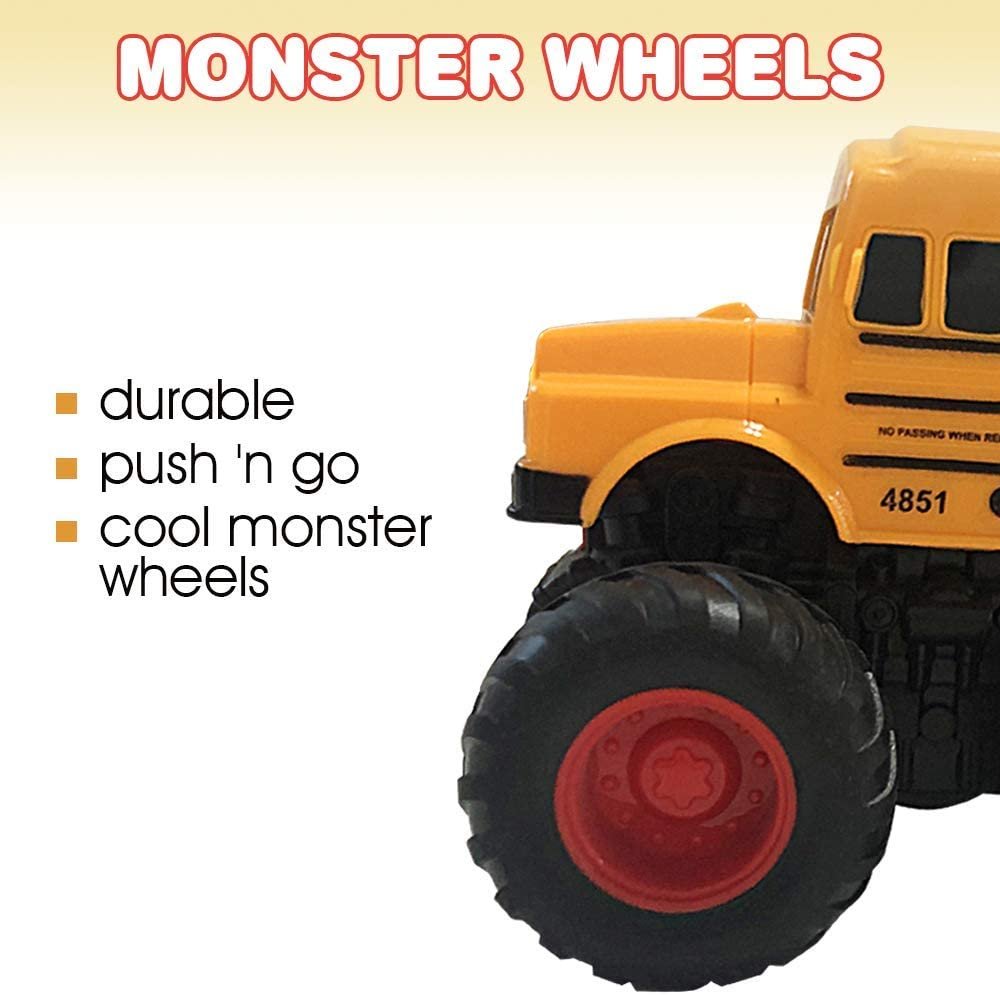 ArtCreativity Yellow School Bus Toy with Black Monster Truck Tires, Push n Go Toy Car for Kids, Durable Plastic Material, Best Birthday Gift for Boys, Girls, Toddlers
