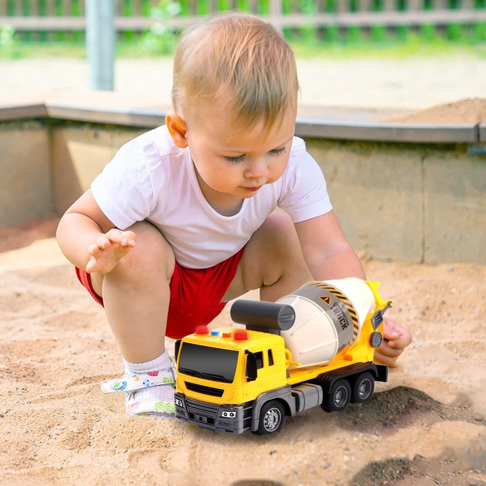 Light Up Cement Truck, Cement Mixer Toy Truck with Lights, Sounds, and Rotating Barrel, Push and Go Kids Construction Toys, Construction Vehicle Toys for Boys and Girls Ages 3 and Up