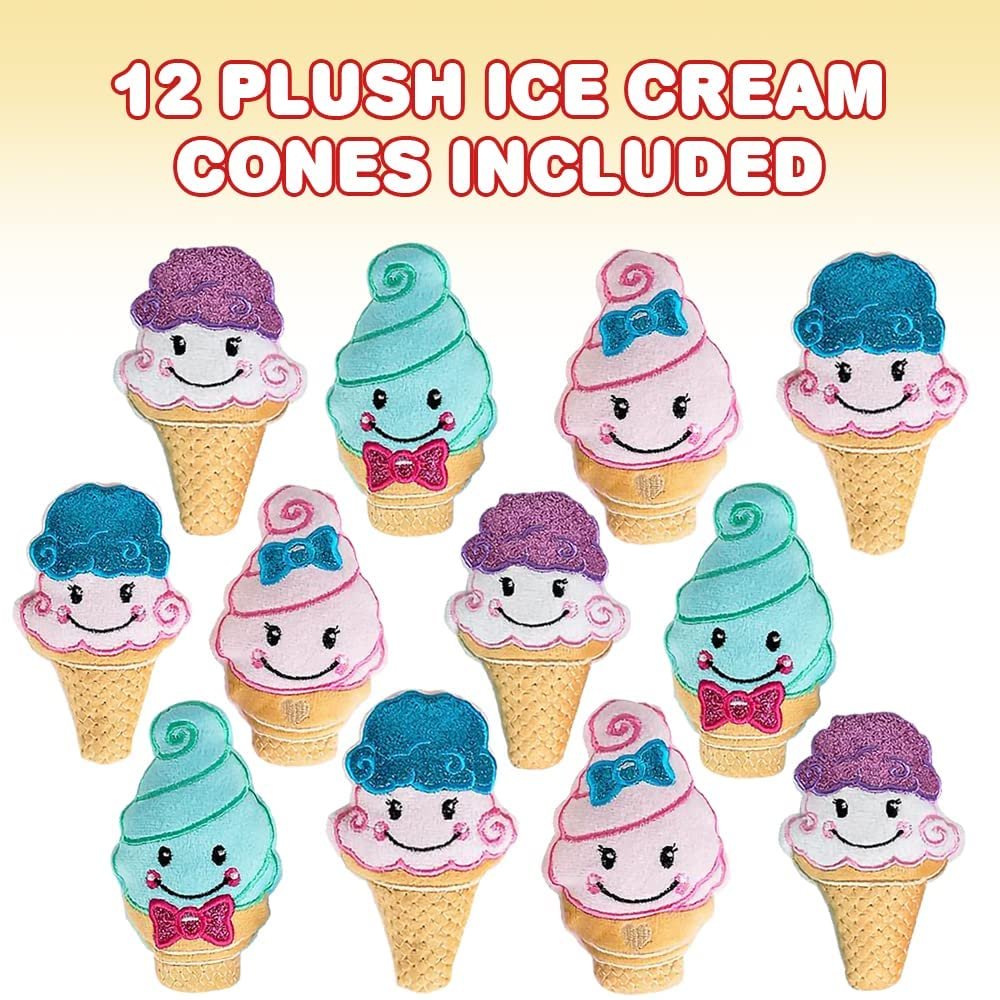 ArtCreativity Plush Ice Cream Cone Toys for Kids, Set of 12, Soft and Cuddly Soft Stuffed Toys, Includes Assorted Colors and Designs, Plush Party Favors for Kids, Cute Ice Cream Theme Decorations