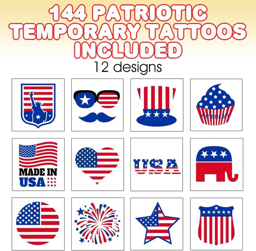 Patriotic Tattoos for Kids, Bulk Pack of 144, July 4th Party Favors, Non-Toxic 1.5" Temporary Tats, Red, White, and Blue Accessories for Memorial, Veterans Day, Assorted Designs