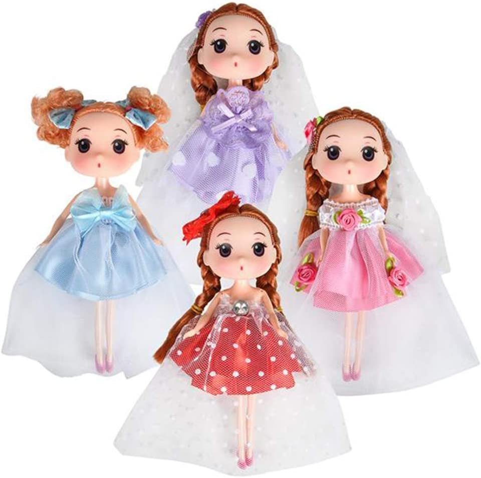 Cute Toy Dolls for Girls, Set of 4, 6.5" Dolls with High Heels, Pretty Dresses, & Hair Accessories, Birthday Party Favors for Girls, Goodie Bag Fillers, Princess & Tea Party Supplies