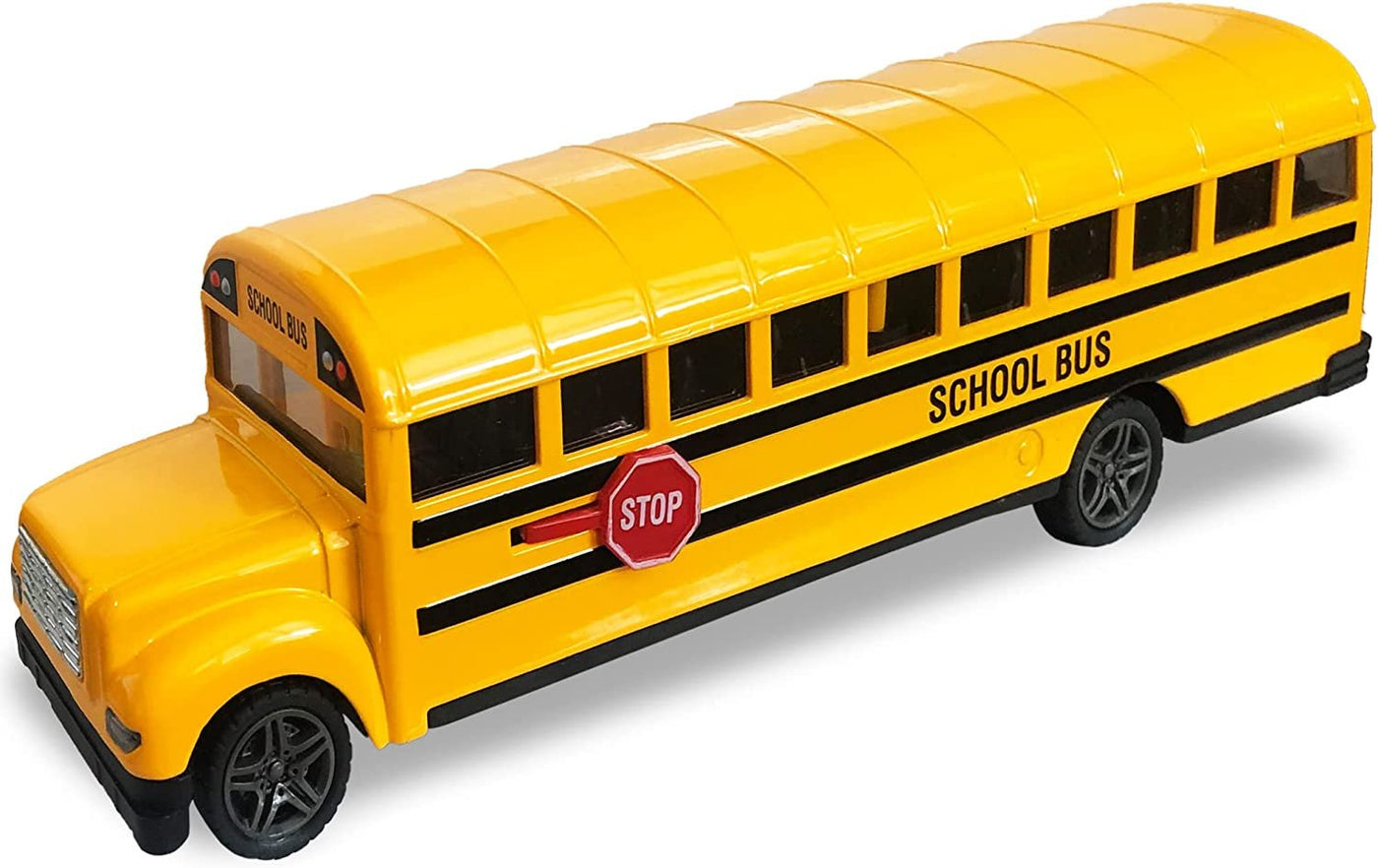 Think Wing School Bus Toy for Toddlers, 8.5 inch Die Cast Pull Back Cars Yellow Bus Play Vehicles with Pull Back Mechanism and Open Doors