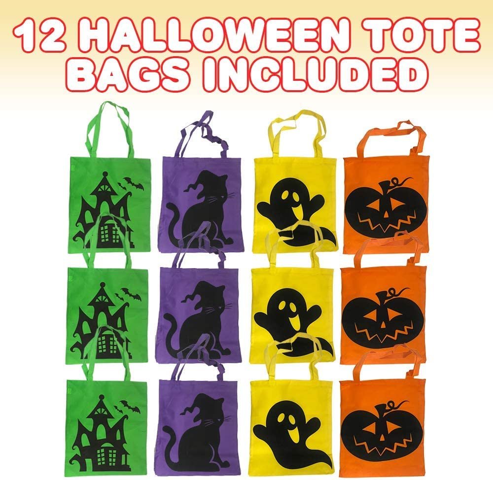 Halloween Tote Bags, Set of 12, Durable Canvas Trick-or-Treat Bags for Candy, Treats, and Gifts, 4 Eye-Catching Designs, Halloween Party Favor Goodie Bags for Kids, 17 x 15"es