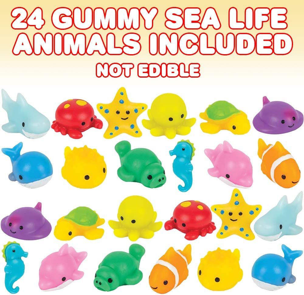 Squishy Sea Life Animals, Set of 24, Soft and Gooey Aquatic Toys for Kids, Assorted Gummy Sea Creatures, Under-The-Sea Party Favors, Ocean Party Goody Bag Fillers for Boys & Girls