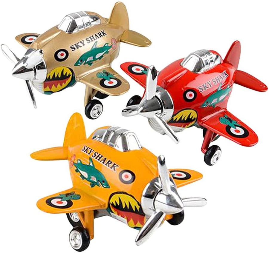 Diecast Skyshark Planes with Pullback Mechanism, Set of 3, Diecast Metal Jet Plane Toys for Boys, Pull Back Airplane Party Favors, Goodie Bag Fillers for Kids