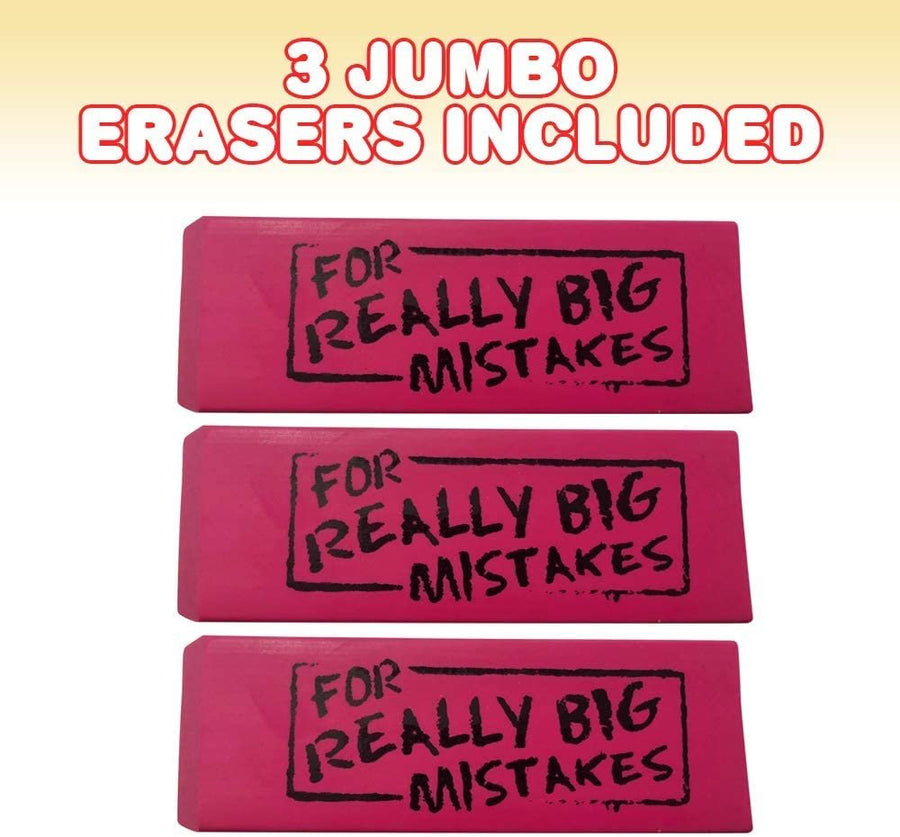 Pink Mistake Erasers for Kids, Pack of 3, Really Big Wedge Erasers, 5.5" Giant Pencil Rubber, Cool Back to School Stationery Supplies for Boys and Girls, Joke Gag Gifts for Adults
