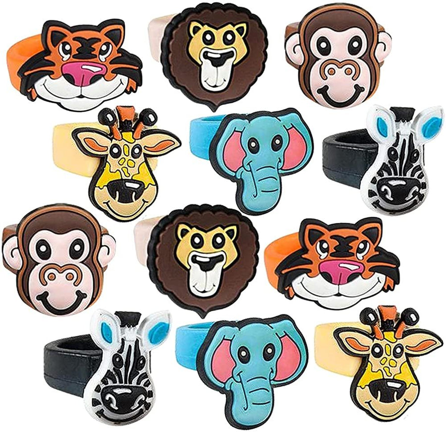 Zoo Animal Rubber Rings for Kids, Pack of 12, Adorable Kids Jewelry for Little Girls and Boys, Fun Assorted Colors, Skin-Safe Silicon, Zoo Party Favors, Goodie Bag Fillers