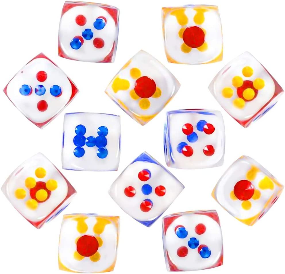 6-Sided Transparent Dice Set of 12, Oversized 1" Clear Dice with Colored Dots, Fun Six-Sided Gaming Dice for Farkle, Ten Thousand, Cho-Han and Other Dice Games