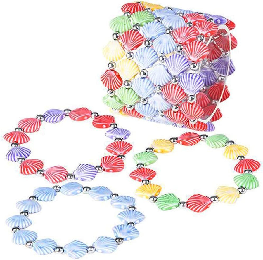 Faux Shell Bead Bracelets - Pack of 12 Stretch Novelty Wristbands in Assorted Color Combos - Fun Party Favor, Carnival Prize - Mermaid Fashion Bracelets for Kids and Adults