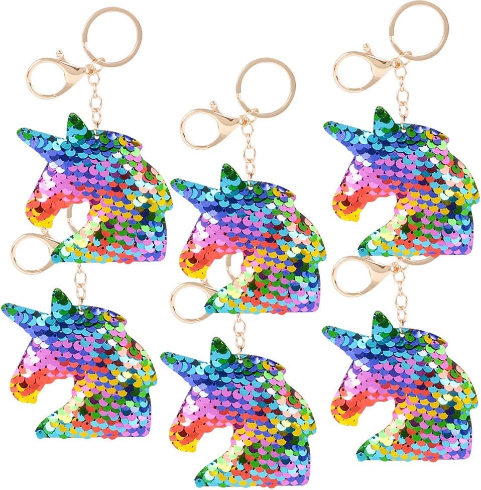 Unicorn Keychains, Pack of 6, Color Changing Double-Sided Stuffed Animal Plush Key Chain Charms for Backpacks, Purses, Luggage, Unicorn Birthday Party Favors for Kids