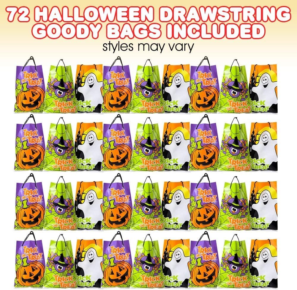 Halloween Trick or Treat Drawstring Bags, Set of 72, Durable Plastic Bags for Candy, Treats, & Gifts, 2 Colorful Designs, Halloween Party Favor Goodie Bags- No Style Choice Available