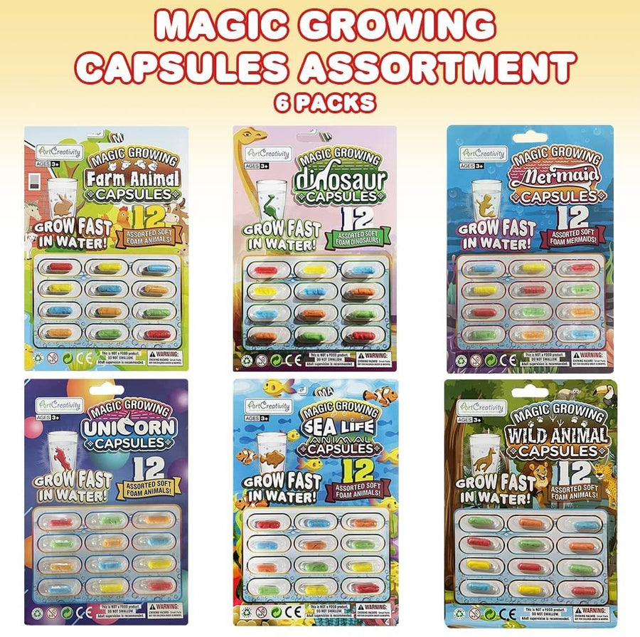 Magic Growing Animal Capsules, 6 Theme Packs with 12 Capsules Each - Unicorn, Mermaid, Dinosaur, Sea Life Animal, Wild Animal, Farm Animal- Magic Grow Water Toys Party Favor Set for Kids