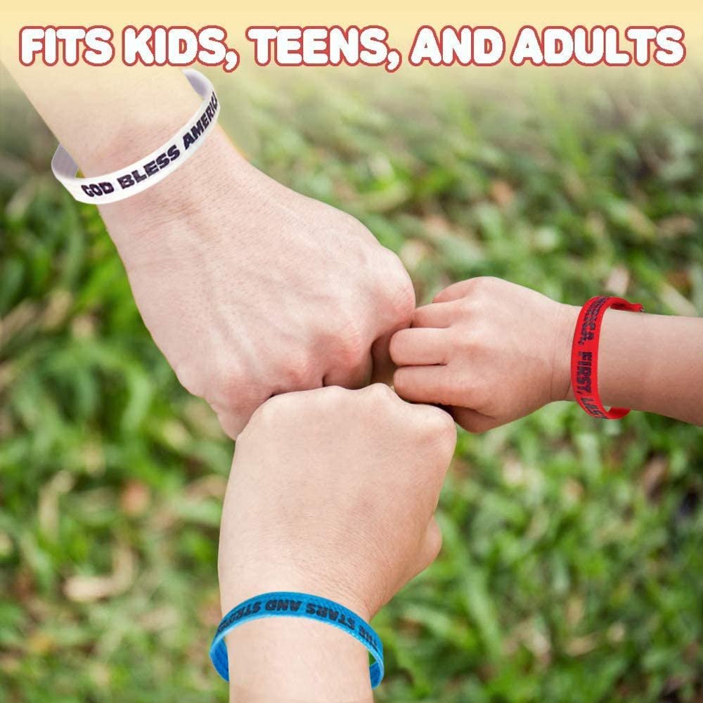 Patriotic Bracelet Assortment, Pack of 12, Red, White, and Blue Wristbands with Patriotic Sayings, 4th of July Party Favors, Cotton Wrist Bands with Plastic Clasp Closure